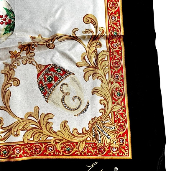 Echo Silk Scarf Black Gold Jewel Ornament Baroque Holiday Square 34” - Picture 7 of 11